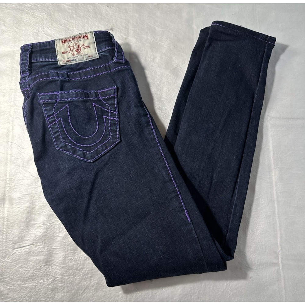 True Religion Jeans Womens 26 Skinny Dark Wash Purple Stitch Horseshoe Y2K